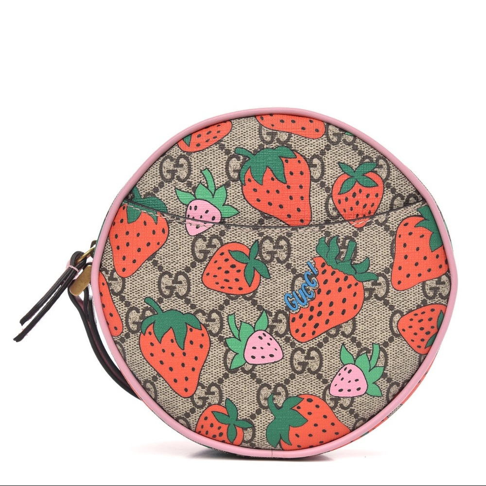 GUCCI- Round Wristlet Wallet Printed GG Coated Canvas Strawberry design